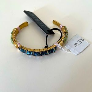 J. Crew, “C” shaped brass bracelet with blue/green stones, NWT, original box
